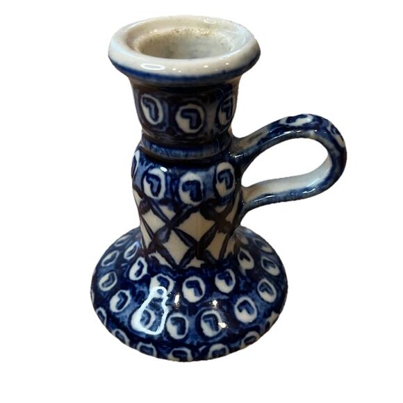 Candlestick Pair Candle Holder Chamber-stick Blue Finger Ring Polish Pottery? - Picture 4 of 7